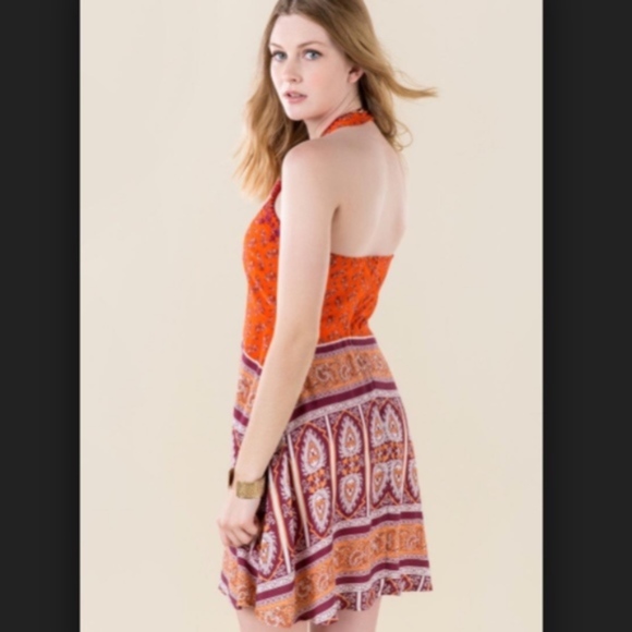 Alya Dresses & Skirts - Alya Orange Cody Printed Halter Shift Dress